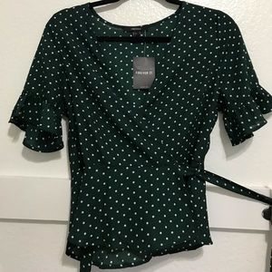 Forever 21 Green/White Polka Dot Wrap Top | Large